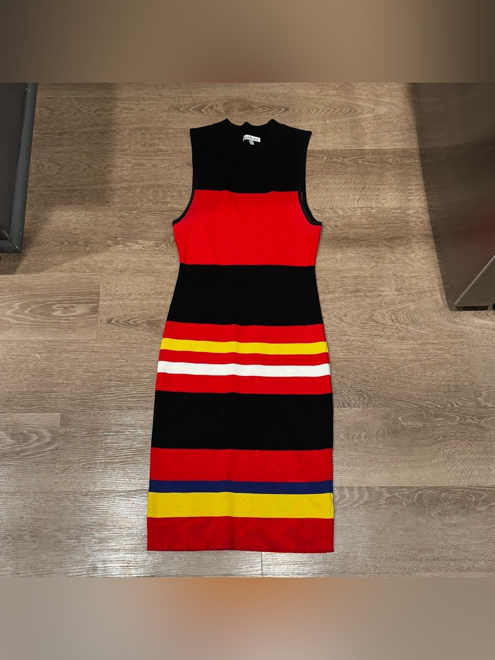 Sleeveless Colorblock Stripe Knit Dress - Red, Black, Yellow
